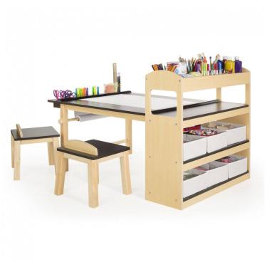 Imagem de Estação de artes Deluxe Art Center Guidecraft em madeira natural com mesa ampla, prateleiras, 6 bins e 2 banquetas para desenho e pintura