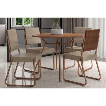 Imagem de Sala De Jantar Completa 1588 Aço C- Tampo Madeirado 100cm E 4 Cadeiras 1736 Freijo-rose-cobre-linho Areia - Carraro