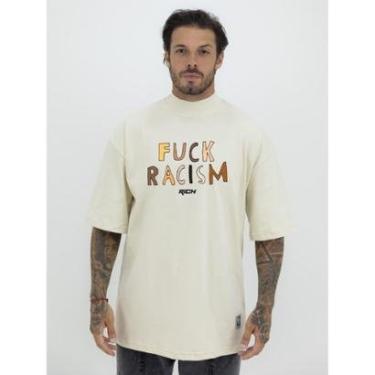 Imagem de Camiseta Camisa Oversized Gola Alta Estampa Fuck Rascim Racismo Streetwear Algodão Premium Creme-Masculino