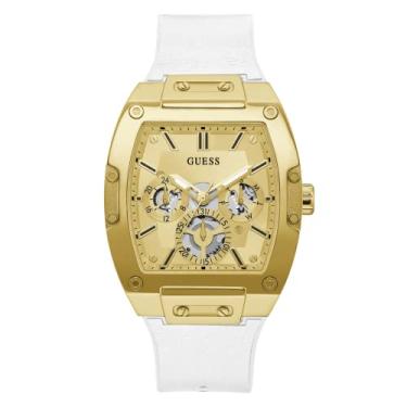 Imagem de GUESS Relógio masculino Trend Multifuncional Tonneau 43 mm – Mostrador dourado e caixa de aço inoxidável com pulseira de silicone branca, Branco/dourado/champanhe, one, Phoenix