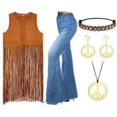 Imagem de Yahenda Conjunto de fantasia hippie feminina anos 70 anos 70, colete com franjas, boho, calça rodada, sinal de paz, brincos de faixa e colar, Multicor, P