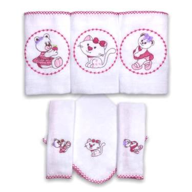 Imagem de Kit 6 Fraldas De Pano Bordadas (3 De Ombro + 3 De Boca) Ursinha Pink Forte