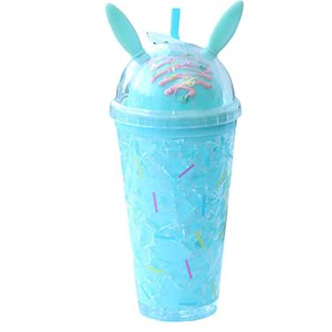 Imagem de seelucky Copo de viagem de coelho com canudo copo de gelo para menina congelador caneca gelada piquenique presente de aniversário (coelho azul 2, 450 ml)