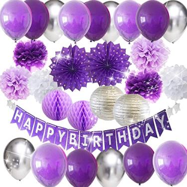 Imagem de Decorações de festa de aniversário para mulheres, faixa de feliz aniversário, roxo, roxo, feminino, 40, 50, 60 anos, decorações de festa de dia do nascimento