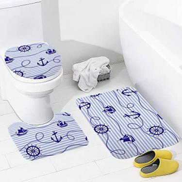 Imagem de Conjunto de tapetes de banheiro 3 peças de âncora natural e volante, tapete de banheiro lavável, antiderrapante, tapete de contorno e tampa para banheiro