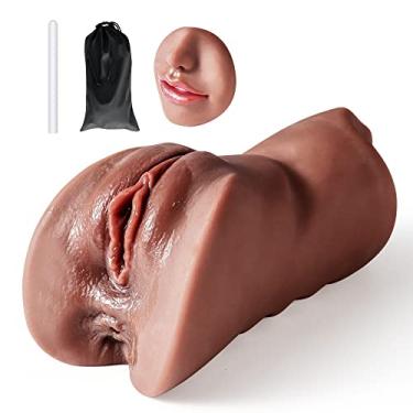 Imagem de 3 em 1 masturbador masculino buceta de bolso realista com bastão de secagem e saco de armazenamento à prova d'água, brinquedo sexual masculino de ponta dupla Onahole língua de boca vagina texturizada e ânus apertado para masturbação masculina (Trigo)