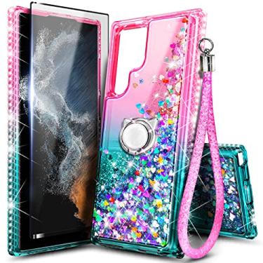 Imagem de NGB Supremacy Projetada para Samsung Galaxy S24 Ultra, capa fofa de líquido flutuante com glitter com suporte de anel/alça de pulso/protetor de tela de vidro temperado (rosa)