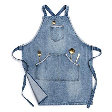 Imagem de Jeanerlor – Avental de brim de algodão com bolsos convenientes para mulheres e homens – Avental de jeans para cabeleireiro, chefe, artesão e barista, tiras cruzadas e ajustáveis P a G (azul jeans), AIWQ14ML, Denim Blue, Adjustable:S to L
