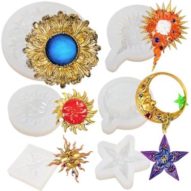 Imagem de Conjunto de moldes de silicone de resina epóxi celestial Sun Moon Star para fundição de joias, decoração de bolo de fondant, argila de polímero, cimento de concreto, 6 unidades de 5 a 7,9 cm