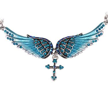 Imagem de Szxc Jewelry Colar feminino com pingente de cruz e asas de anjo da guarda 45,7 cm + 5 cm, Cristal Metal, Cristal