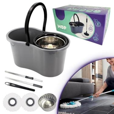 Imagem de Mop Giratório Balde Cesto Inox Escovão Com 2 Refis Esfregão De Limpeza Cabo Flash