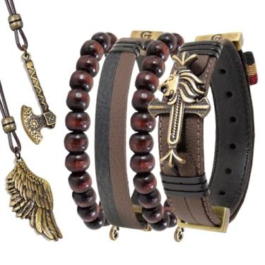 Imagem de GRANADO ACESSÓRIOS, Kit com 06 Pulseiras e Colares - Pulseira de Couro Marrom e Preto LEÃO DE JUDÁ com Esferas de Madeira Strap Plug - AM
