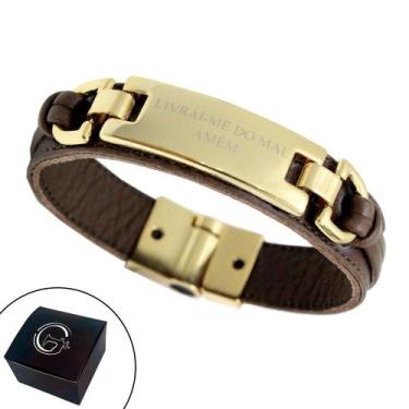 Imagem de Pulseira de Couro Masculina Feminina Livrai-Me Do Mal, Amém  Magnética