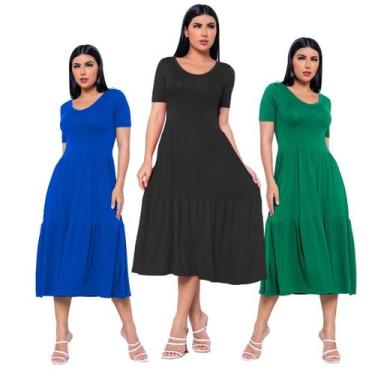 Imagem de Kit 3 Vestidos Midi Manga Curta Moda Evangélica - Gisele Freitas, Azul