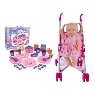 Imagem de Kit Boneca Elisi Com Diversas Frases + Carrinho de Bebê + Meu Jantarzi