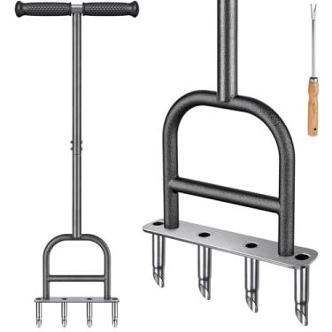 Imagem de Dolibest Aerador de gramado, aerador manual de gramado, aerador de 4 plugues de aço inoxidável com aderência de borracha macia, ferramenta manual de aeração de grama pré-montada e ferramenta manual de