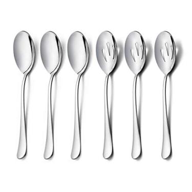 Imagem de Colheres de servir x 3, colheres de servir com fenda x 3, colheres de aço inoxidável grandes, 24,4 cm, design elegante para cozinha/bufete/festa, polido com espelho e lavável na máquina de lavar louças (pacote com 6)