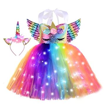 Imagem de Presentes LED unicórnios para meninas aniversário Halloween festa de Natal holloween fantasia decorações roupas iluminadas 7t 8t vestido tutu princesa com faixa de cabeça e asas Arco-íris 7-8 anos
