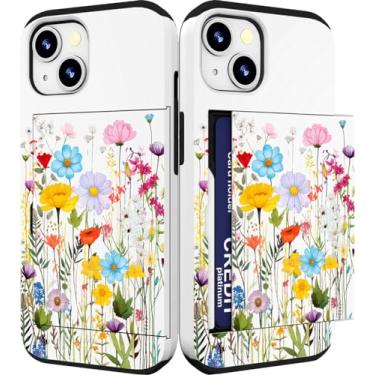 Imagem de IWONE Capa compatível com iPhone 15 fofa com porta-cartões Slim Slot Phone 15 capas carteira para mulheres/flores pequenas coloridas jardim selvagem ervas primavera folhas