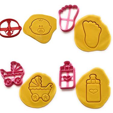 Imagem de Conjunto de 4 peças de cortadores de biscoito T3D para chá de bebê, pegada de bebê, carrinho de bebê, mamadeira, rosto de bebê, adequado para bolos, moldes de biscoito e fondant