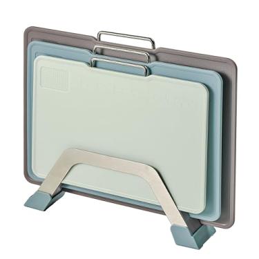 Imagem de KOFRAND Tábuas de corte de plástico com área de moagem e medida, tábuas de corte para cozinha laváveis na lava-louças, conjunto de 3 com suporte, design antiderrapante, alça de aço inoxidável, azul