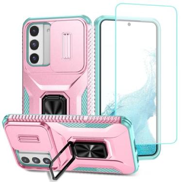 Imagem de Wanyuexes Capa para Galaxy S22 5G, capa para Samsung S22 SM-S901U com protetor de tela de vidro temperado e capa deslizante para câmera, suporte giratório para carro, capa à prova de choque para
