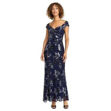 Imagem de Maggy London Vestido feminino de sereia floral de lantejoulas com ombros de fora, mangas cavadas, decote coração, vestidos longos formais, Azul-marinho/azul-marinho, 50