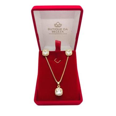 Imagem de Colar e Brinco Feminino Folheado a Ouro com Zircônia 45cm com extensor
