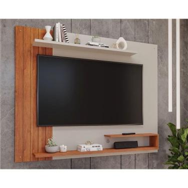 Imagem de Painel Quarto p/ TV até 50 Pol Floripa c/ Prateleiras Ripado 161x135cm Off White/Cinamomo - Permóbili