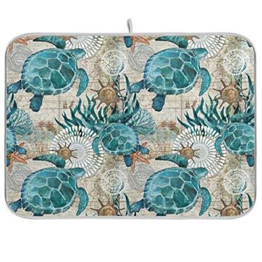 Imagem de beeplus Tapete Absorvente para Secar Pratos para Bancada de Cozinha - Tapete de Secagem de Microfibra Sea Ocean Turtle Blue, Tapetes de Escorredor Reversíveis para Bancada, Grande 18" X 24"