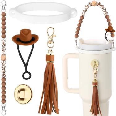 Imagem de Skylety Conjunto de 5 peças de acessórios de copo de silicone de chapéu de cowboy compatível com copos Stanley Inclui chapéu de vaca com contas alça de garrafa de couro borla pingente de borracha anel