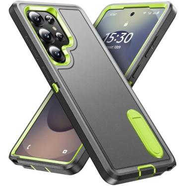 Imagem de BaHaHoues Capa para Samsung Galaxy S25 Ultra com suporte embutido, proteção total do corpo, pronto para carregamento sem fio, antiderrapante (cinza/verde)