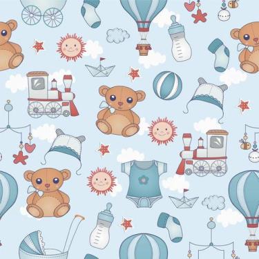 Imagem de Papel De Parede Vinílico Neném Nuvem Azul Ursinho Quarto 5m - Bazar do