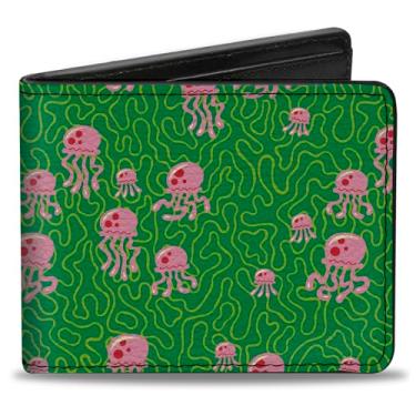 Imagem de Buckle-Down Carteira Bob Esponja Calça Quadrada, Bifold, Bob Esponja Calça Quadrada Água-viva e Rosa Verde Coral, Couro Vegano, Verde, 4.0" x 3.5", Casual