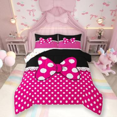 Imagem de Conjunto de edredom infantil de desenho animado com laço, tamanho Queen, geométrico, patchwork, decoração de quarto de meninas e mulheres, edredom com estampa de princesa, rosa rosa, 2 fronhas