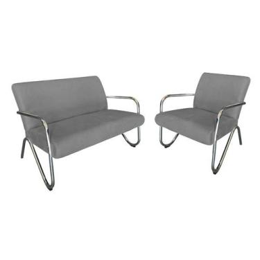 Imagem de Kit Namoradeira + Poltrona Decorativa Bela Suede Cinza Braço Cromado -