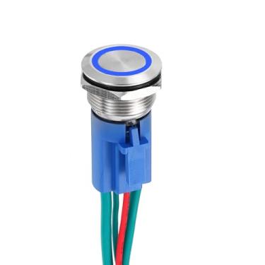 Imagem de DMiotech 1 peça 19 mm / 3/10.2 cm interruptor de botão de trava de aço inoxidável 1NO 15A 12-24V botão prata anel azul lâmpada com plugue soquete com fio para sistemas de barco de carro configurações
