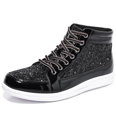 Imagem de Trsorini Tênis masculino brilhante com glitter, botas de renda com lantejoulas, moderno, cano alto, casual, brilhante, A/Glitter preto, 44