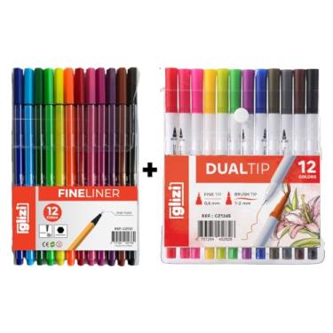 Imagem de Kit de Canetas Glizi 24 Peças, 12 Fineliners 0,4mm + 12 Dual Tip Brush com Ponta Dupla 0,4mm e 1-2mm (12C (Color) + 12C Dual Brush)