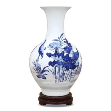 Imagem de Vaso Escultura em cerâmica retrô pintada à mão claro lótus azul e branco decoração de vaso de porcelana decoração sala de estar arranjo de flores Vaso de flores