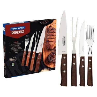 Imagem de Jogo De Talheres Churrasco Tramontina Aço Inox Madeira Natural 14 Peças