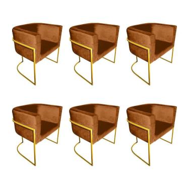 Imagem de Kit 6 Poltronas Decorativa Sala De Estar Base De Ferro Dourada Veludo Terracota Laranja