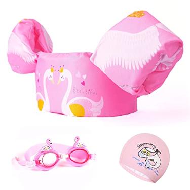 Imagem de GoKiddie Suéter de natação rosa para meninas de até 25 kg - colete infantil, jaquetas, boias, boias de braço, poça/amigo de remo para crianças de 13,6 a 25 kg com óculos de natação e boné - Jumpers
