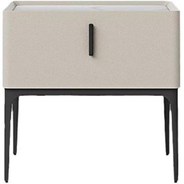 Imagem de PEYNIR Mesa de cabeceira com gavetas mesa de canto de couro moderno quarto de madeira maciça mesa noturna de ardósia mesa lateral de metal perna alta baú de cabeceira estreito