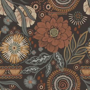 Imagem de Yasinet Papel de parede de papel de parede boho floral escuro papel de parede vintage removível autoadesivo para quarto/prateleiras/armário impermeável para banheiro vinil 17,3" × 78,17,8 cm