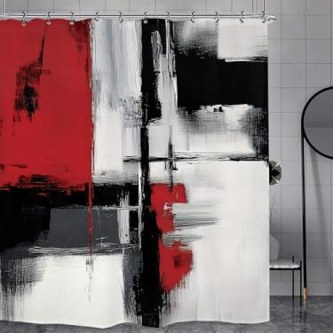 Imagem de Yookeb Cortina de chuveiro de banheiro abstrata preta vermelha 152 cm por 188 cm minimalista, arte contemporânea, moderna, tecido de poliéster, 12 ganchos de plástico, à prova d'água, decoração