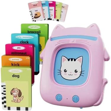 Imagem de Máquina de Aprendizagem Infantil Portátil, Cartões de Pronúncia Português-Inglês, Brinquedo Educativo com Tela de Gato Rosa