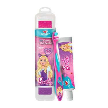 Imagem de Kit Infantil Condor Barbie Estojo Protetor + Escova Dental + Gel Dental Morango 50g