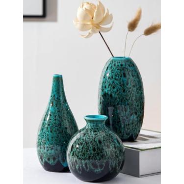 Imagem de Conjunto de 3, vasos de cerâmica decorativos, acabamento vitrificado azul turquesa, vaso moderno para decoração de casa, mesa de jantar de casamento, festa, sala de estar, escritório, quarto