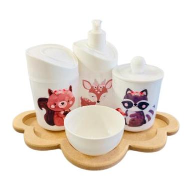 Imagem de Kit Higiene Bebê Floresta Encantada II Menina c/bandeja em MDF - Dóia 
